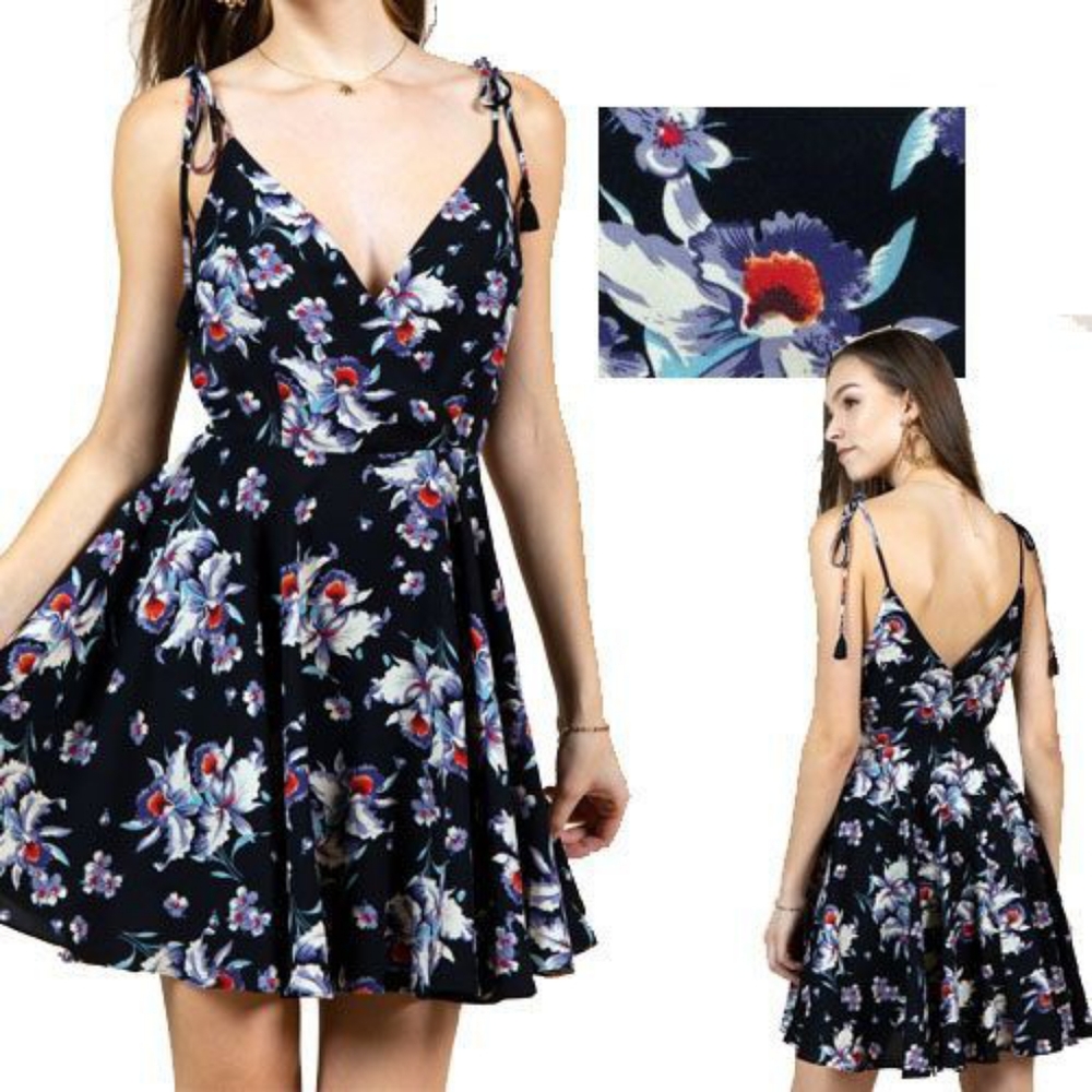 Black floral tie strap flared dress